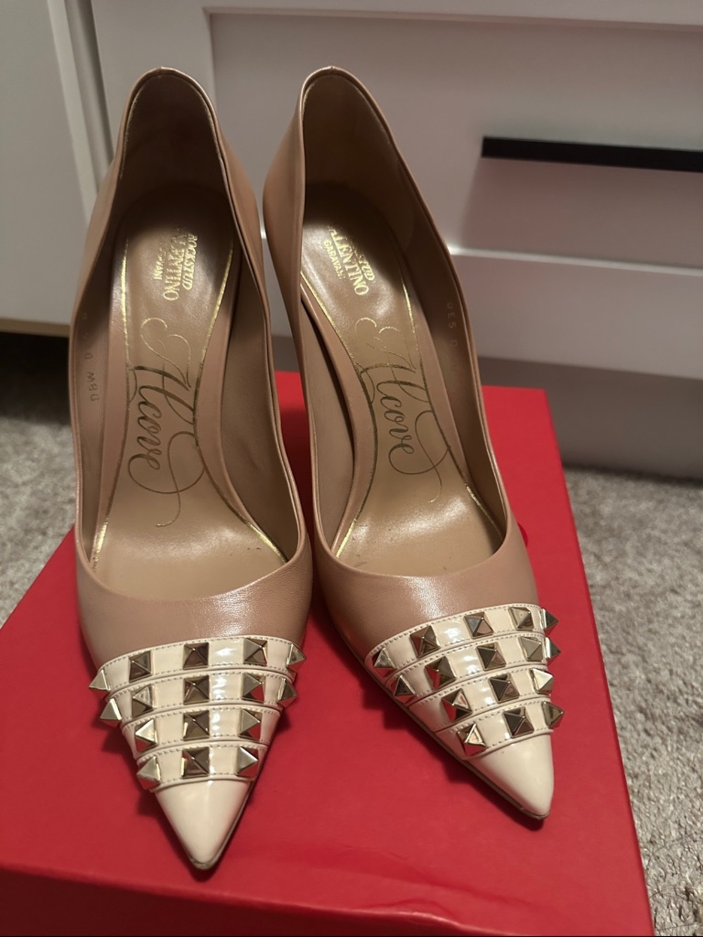 Valentino Garavani Blush and Cream Rockstud Pointed-Toe Pumps